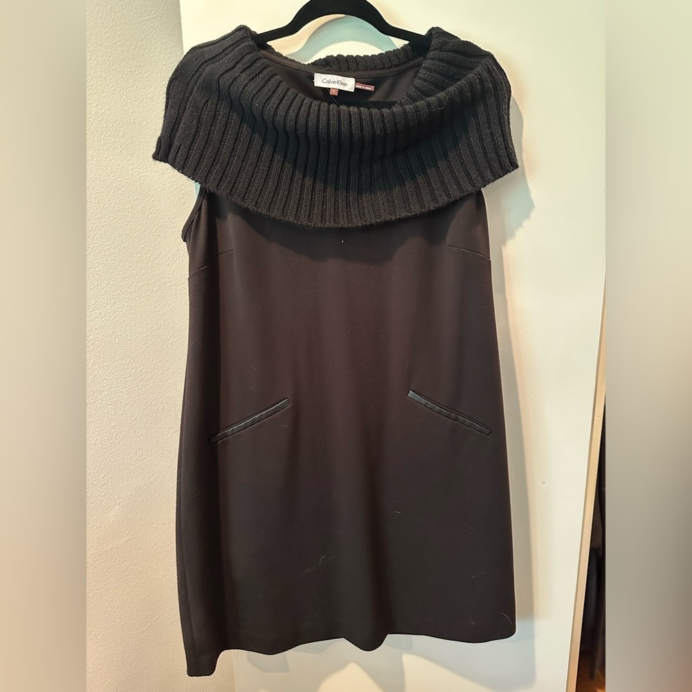 Calvin Klein Black Sheath Dress XL Knit Cowl Neck Faux Leather Pockets